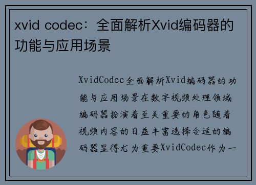 xvid codec：全面解析Xvid编码器的功能与应用场景